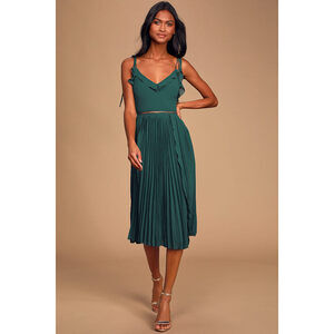 Lulus Never A Dull Moment Emerald Green Tie-strap Pleated Midi Dress - Size S
